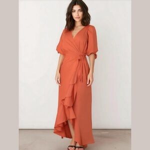 VENUS Burnt Orange Ruffle Wrap Maxi Dress Puff Sleeve High Low Hem Size 14